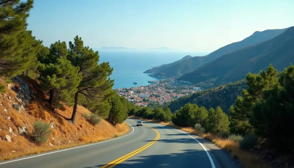 Winding mountain road through pine forest above a coastal town and bay on a Greek island