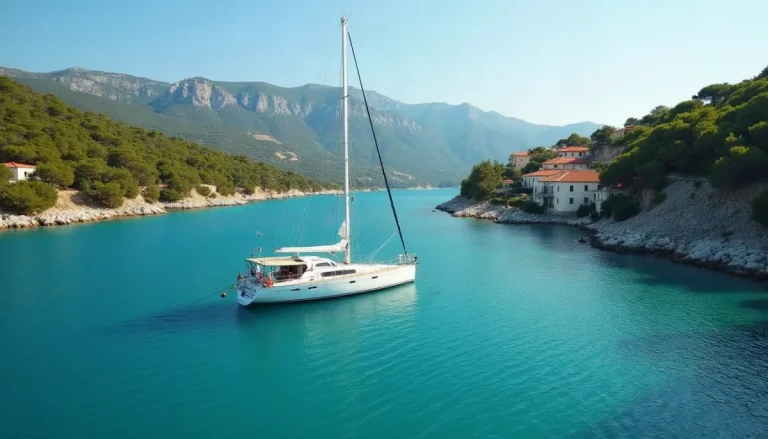 Sailing yacht at anchor in a calm turquoise bay on a green Ionian island
