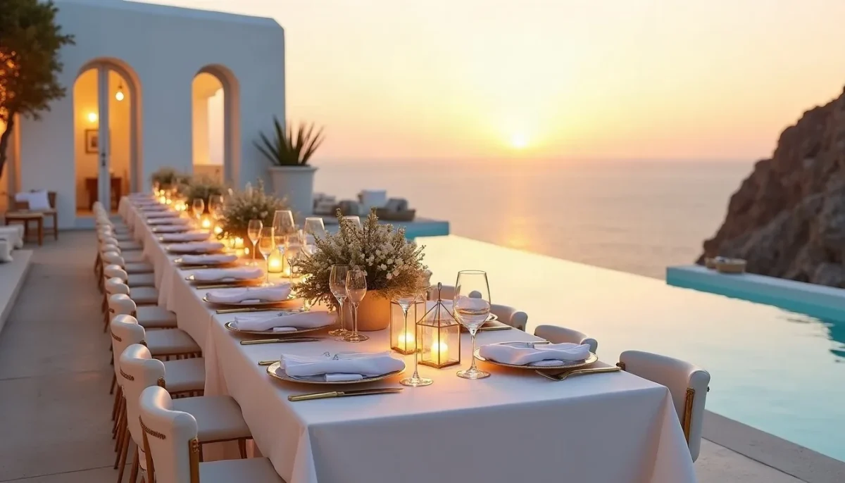 Long dining table set for a themed party on a whitewashed villa terrace above the Aegean at sunset