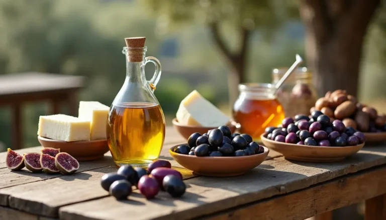Kalamata olives, olive oil, white brined cheese, figs and honey on a rustic table in the Peloponnese